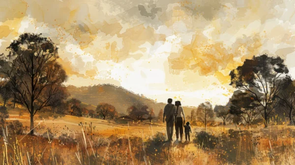 Papier peint famille silhouette coucher de soleil paysage automnal – Wallpaper