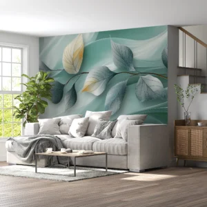 Papier Peint Végétal Moderne aux Feuilles Dorées et Vertes