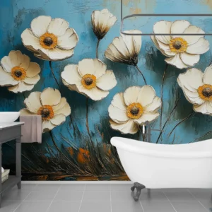 Papier peint fleurs blanches vintage sur fond bleu abstrait