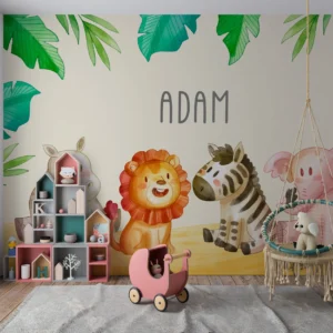 Papier Peint Enfant Safari Animaux Tropicaux Aquarelle Jungle Coloré