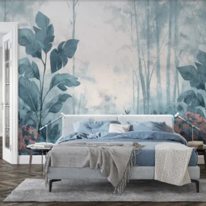 Papier Peint Forêt Tropicale Bleue avec Touches Corail Artistique