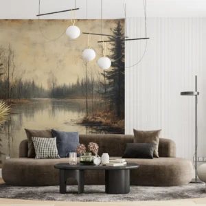 Papier peint paysage forestier lac automnal style vintage romantique