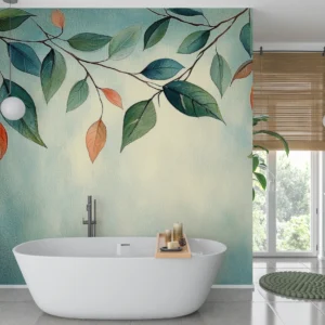 Papier peint aquarelle branches feuillage automnal bleu vert