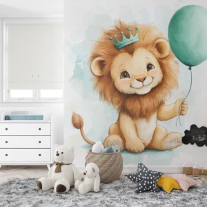 Papier peint enfant lion couronne aquarelle ballon vert tendre