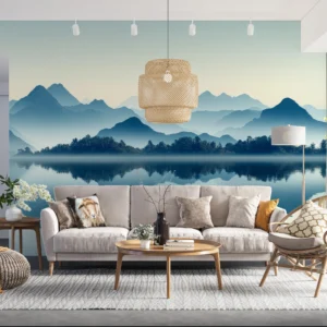 Papier Peint Panoramique Montagnes Bleutées et Lac Miroir