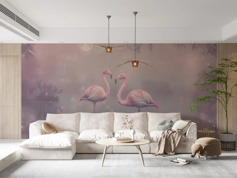 Papier Peint Flamants Roses Tropicaux Ambiance Nocturne Féerique – Main