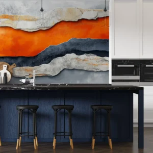 Papier peint artistique abstrait montagnes orange et gris effet relief