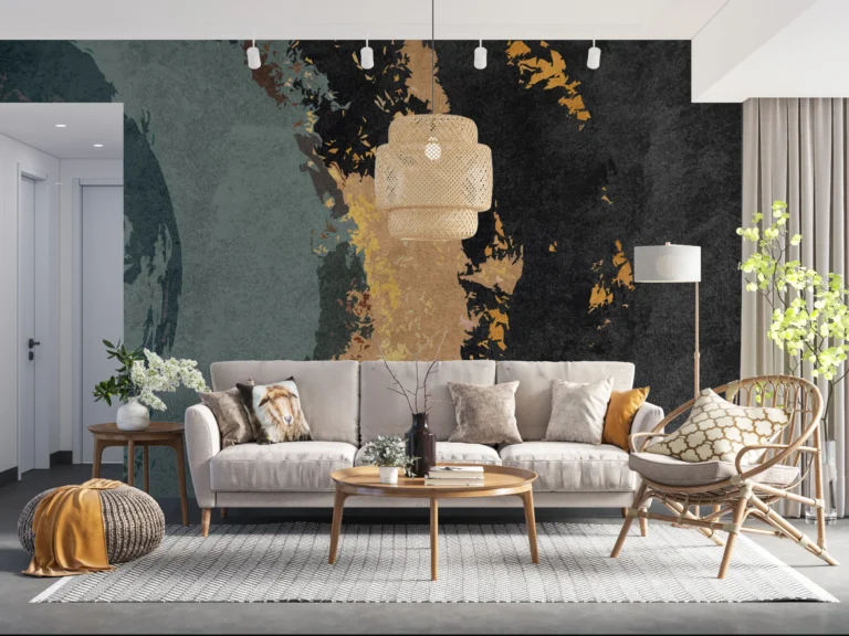 Papier Peint Floral Art Déco Bleu Marine Doré – Main