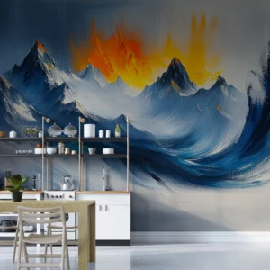 Papier peint montagne abstraite coucher de soleil flammes orange