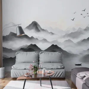 Paysage Montagneux Zen en Brume avec Lac et Oiseaux