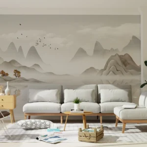 Paysage chinois traditionnel avec montagnes brumeuses et oiseaux