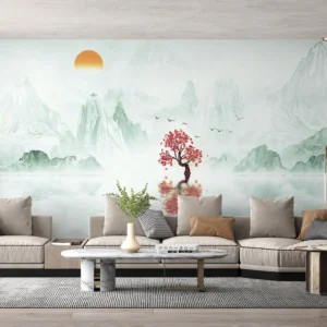 Paysage zen avec cerisier rouge et montagnes brumeuses asiatiques