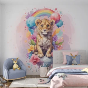Papier peint aquarelle lionceau arc-en-ciel et fleurs colorées enfant