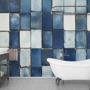 Papier Peint Mosaïque Carreaux Bleus et Blancs Effet Céramique