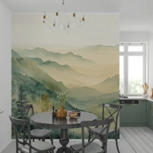Papier Peint Paysage Montagneux Brumeux Style Aquarelle Zen