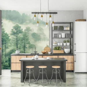 Papier peint forêt brume matinale paysage naturel apaisant