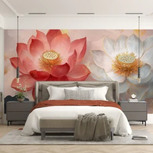 Papier Peint Lotus Artistique Rose et Blanc Doré