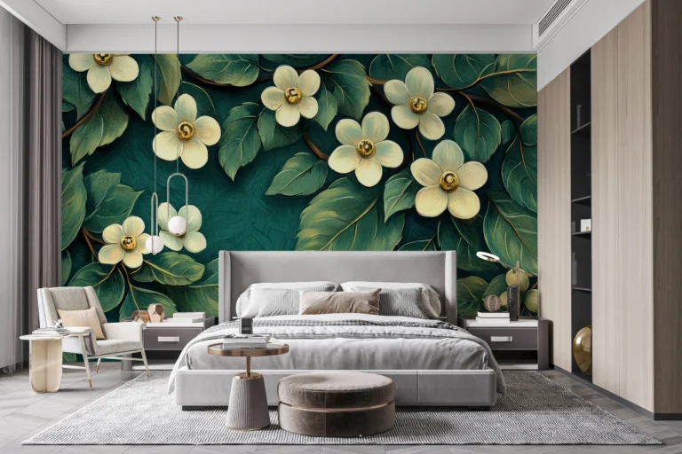 Papier Peint Floral Moderne Beige et Blanc – Main