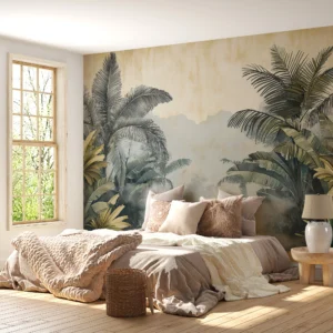 Papier Peint Jungle Tropicale Vintage aux Tons Dorés Apaisants