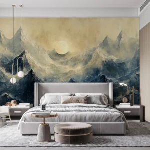 Paysage Montagneux Dramatique avec Lune Dorée et Brumes Mystérieuses