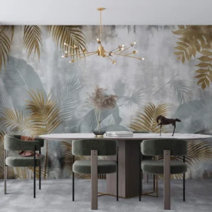 Papier peint tropical élégant feuillages dorés et gris nuagé