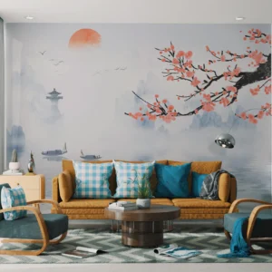 Paysage Asiatique Zen avec Cerisier en Fleurs et Pagode