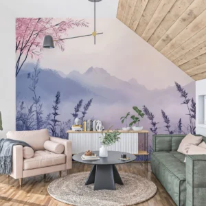 Papier Peint Paysage Montagneux Rose et Bleu Bambous Asiatiques