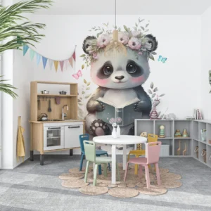 Papier Peint Panda Adorable avec Fleurs et Livre Aquarelle