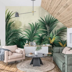 Papier peint tropical luxueux avec palmiers et papillons dorés