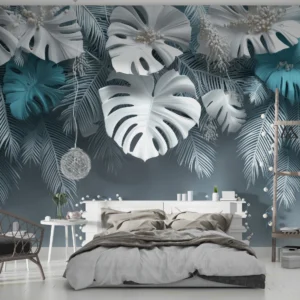 Papier Peint Tropical Moderne Feuilles Monstera Bleu Turquoise