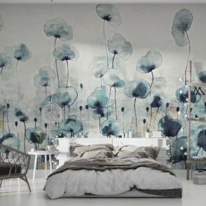 Papier peint floral aquarelle coquelicots bleus style nature zen