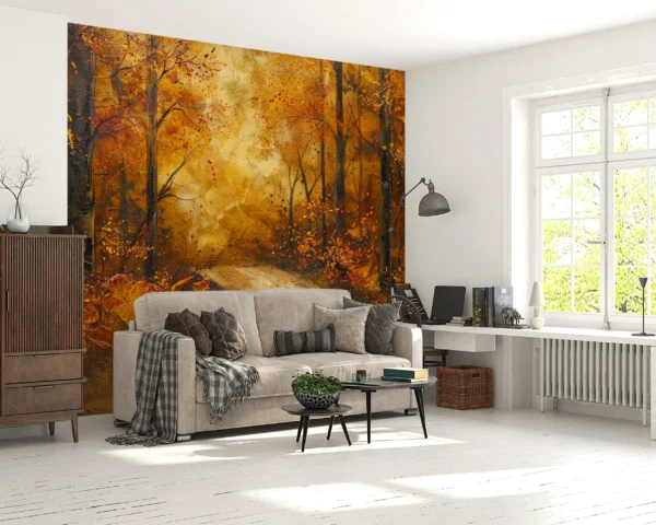 Forêt d’automne dorée avec chemin mystérieux et feuilles tourbillonnantes – Gallery