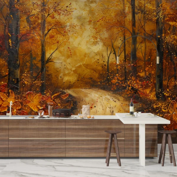 Forêt d’automne dorée avec chemin mystérieux et feuilles tourbillonnantes – Gallery