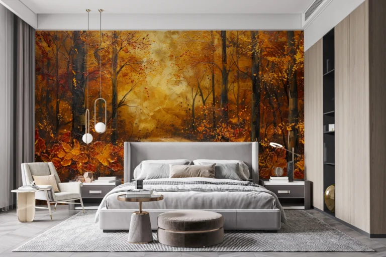 Forêt d’automne dorée avec chemin mystérieux et feuilles tourbillonnantes – Main