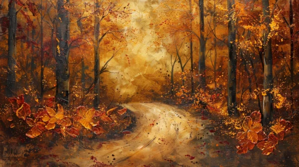 Forêt d’automne dorée avec chemin mystérieux et feuilles tourbillonnantes – Wallpaper