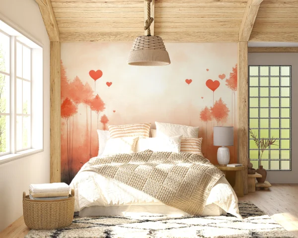 Papier Peint Forêt Romantique aux Cœurs Corail et Rose – Gallery