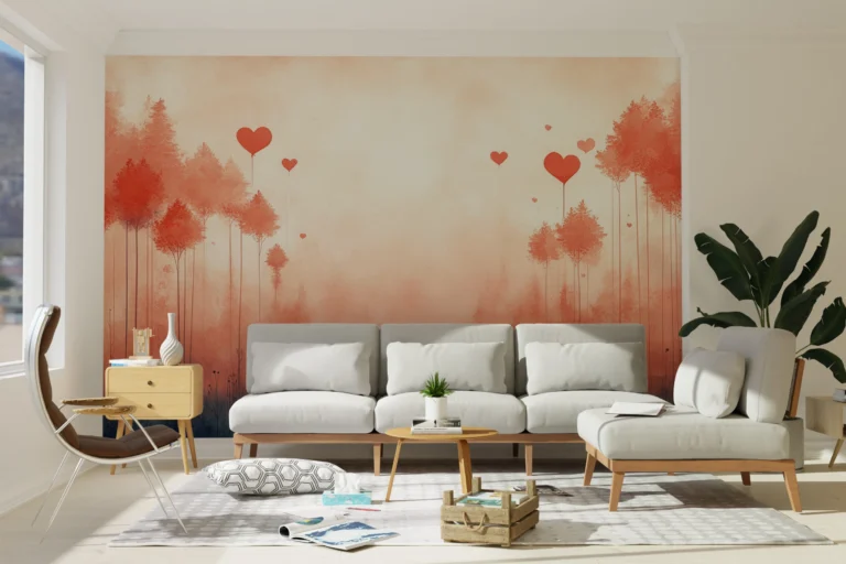 Papier Peint Forêt Romantique aux Cœurs Corail et Rose – Main