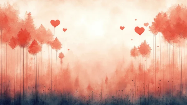 Papier Peint Forêt Romantique aux Cœurs Corail et Rose – Wallpaper