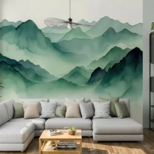 Papier Peint Montagnes Vertes Effet Aquarelle Style Zen Asiatique