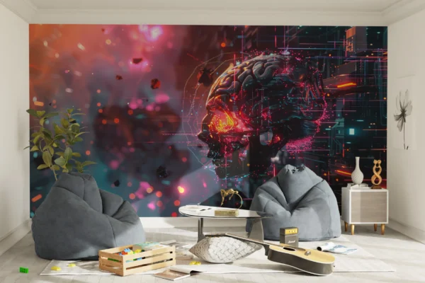Papier Peint Futuriste Crâne Cyber avec Effets Lumineux Néon – Gallery