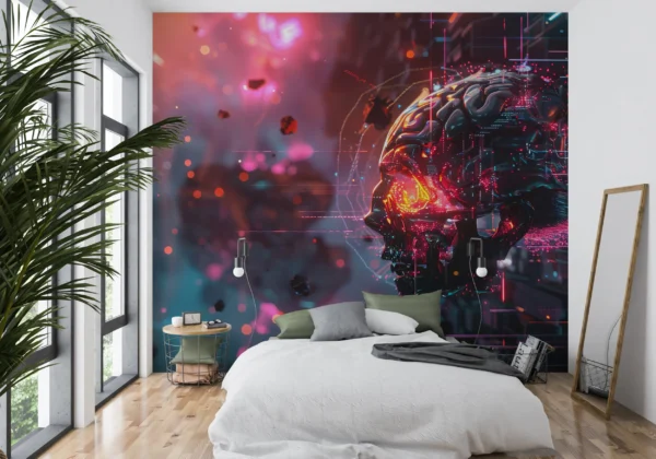 Papier Peint Futuriste Crâne Cyber avec Effets Lumineux Néon – Gallery