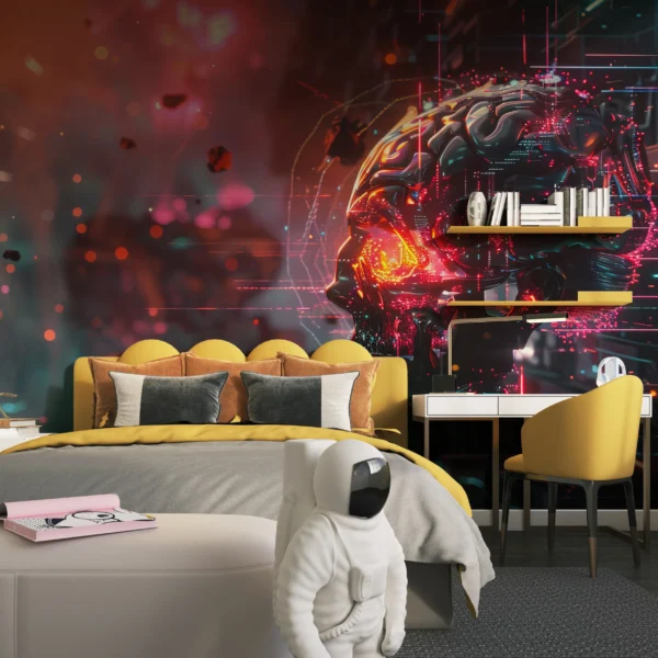Papier Peint Futuriste Crâne Cyber avec Effets Lumineux Néon – Gallery