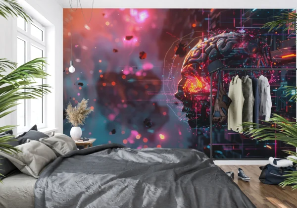 Papier Peint Futuriste Crâne Cyber avec Effets Lumineux Néon – Main
