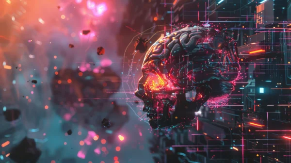 Papier Peint Futuriste Crâne Cyber avec Effets Lumineux Néon – Wallpaper