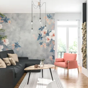 Papier peint floral délicat avec branches fleuries sur fond nuageux gris