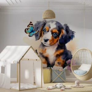 Papier peint aquarelle chiot adorable avec papillons colorés et fleurs