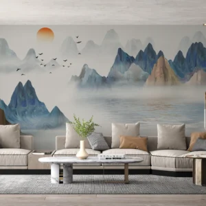 Paysage Montagneux Asiatique avec Lac et Bateaux Traditionnels