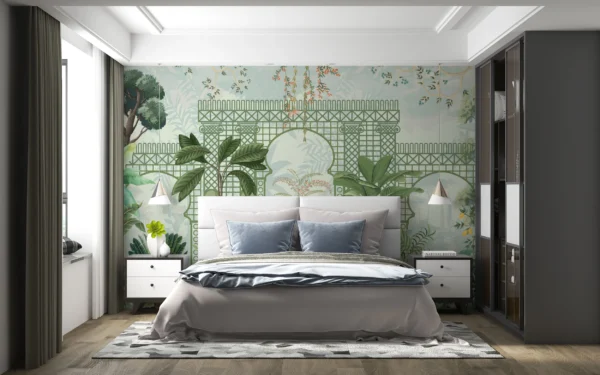 Papier Peint Jardin Tropical Romantique avec Treillis Architectural Vert – Gallery