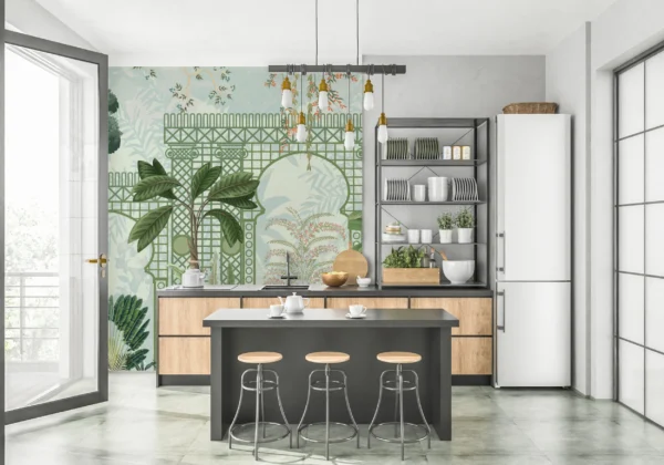 Papier Peint Jardin Tropical Romantique avec Treillis Architectural Vert – Gallery