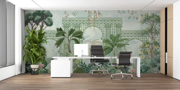 Papier Peint Jardin Tropical Romantique avec Treillis Architectural Vert – Gallery